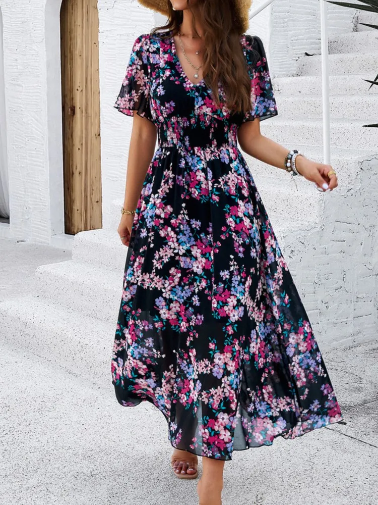 

Fashion Elegant Floral Print Dress Lady Casual V Neck Short Sleeve High Waist Loose Dresses For Women Beach Holiday Party Skirts