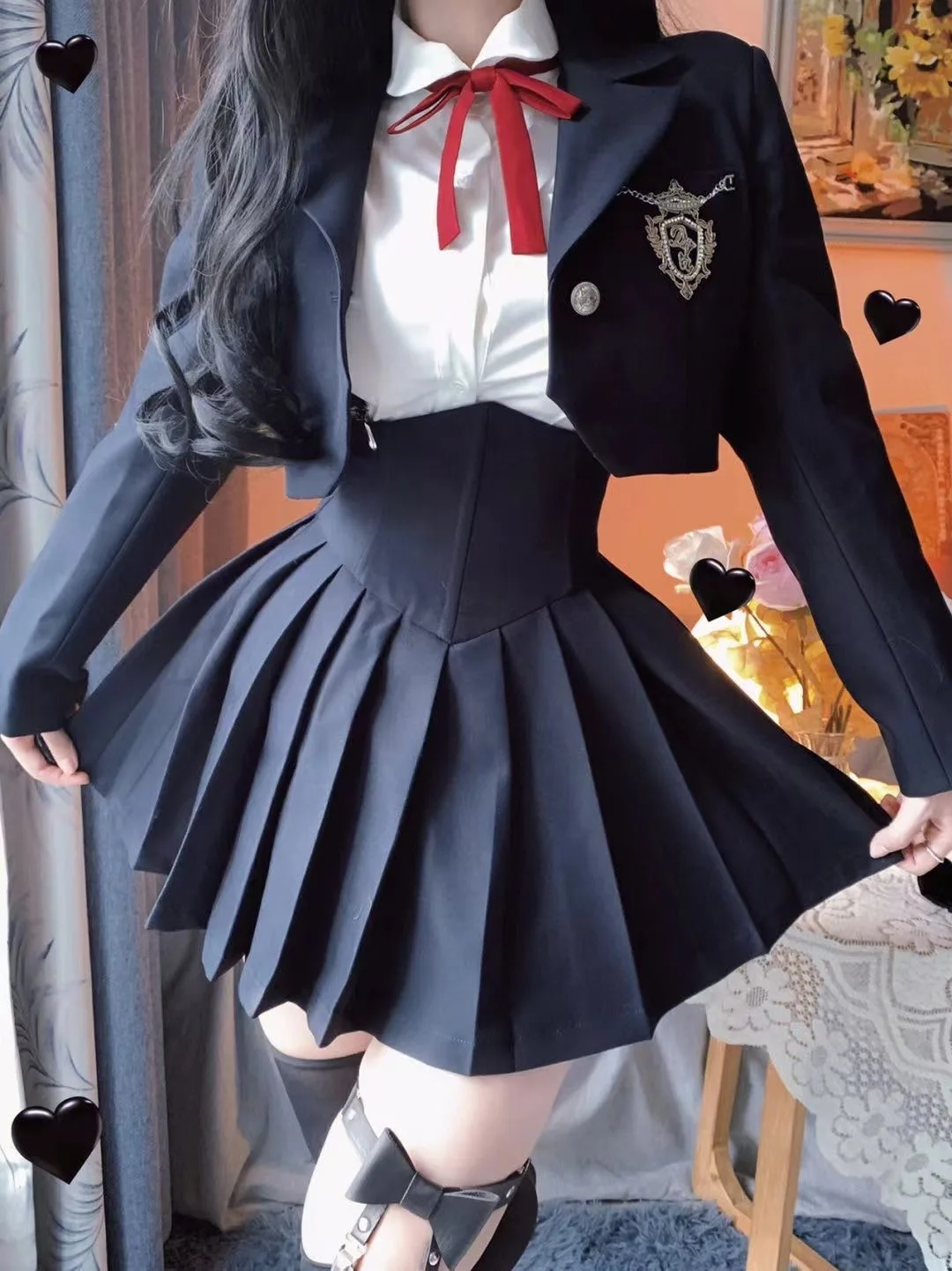 Wiosna 2025 Preppy Style American Uniform Set Girls Short Suit Coat Long Sleeve White Shirt Slim High Waist Pleated Skirt Navy