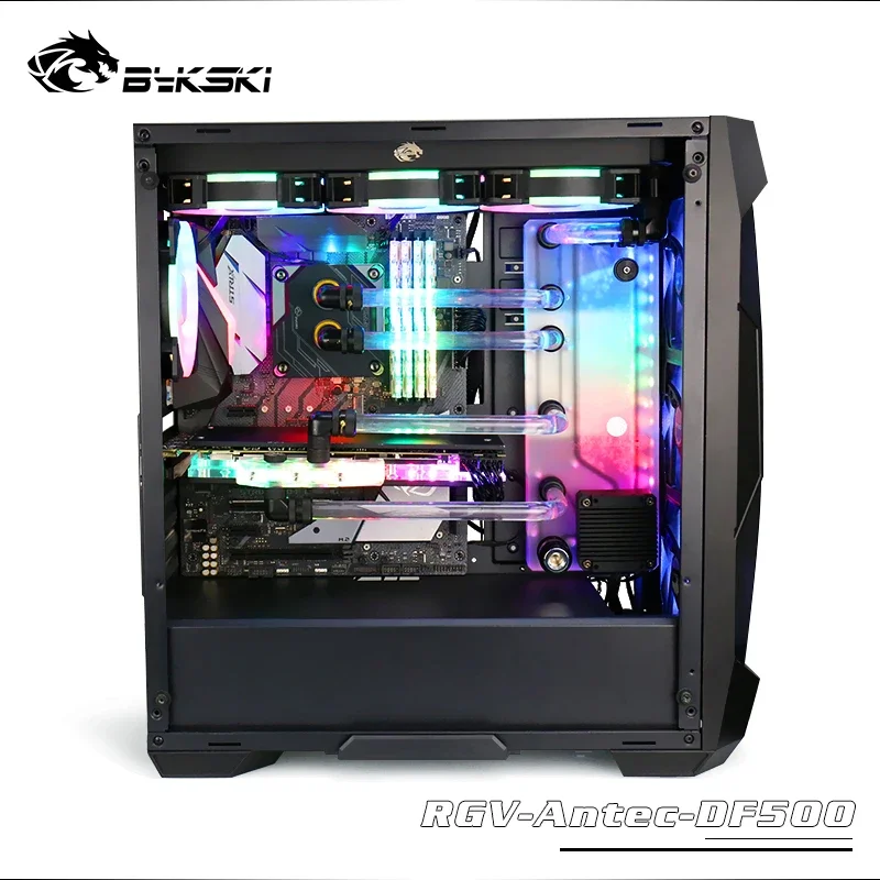 

BYKSKI Acrylic Board Water Channel Solution use for Antec DF500 Computer Case for CPU and GPU Block / 3PIN RGB / Combo DDC Pump