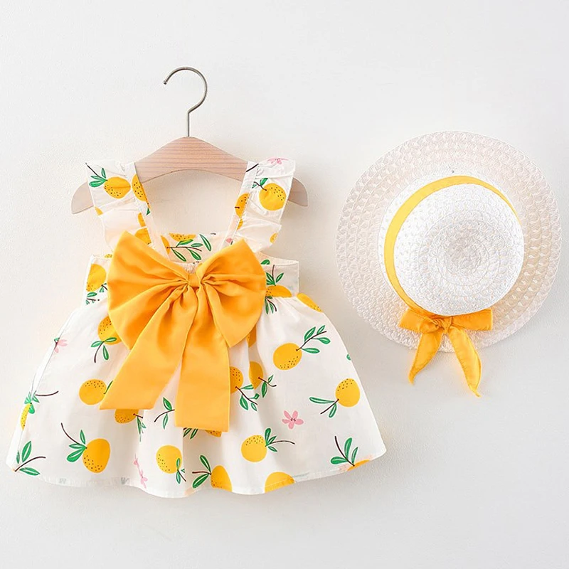 Summer Baby Girls Princess Dress Full Print Cartoon Fruit Cotton Sleeveless Dress For 6M-3Y Kids Beach Dresses With Woven Hat