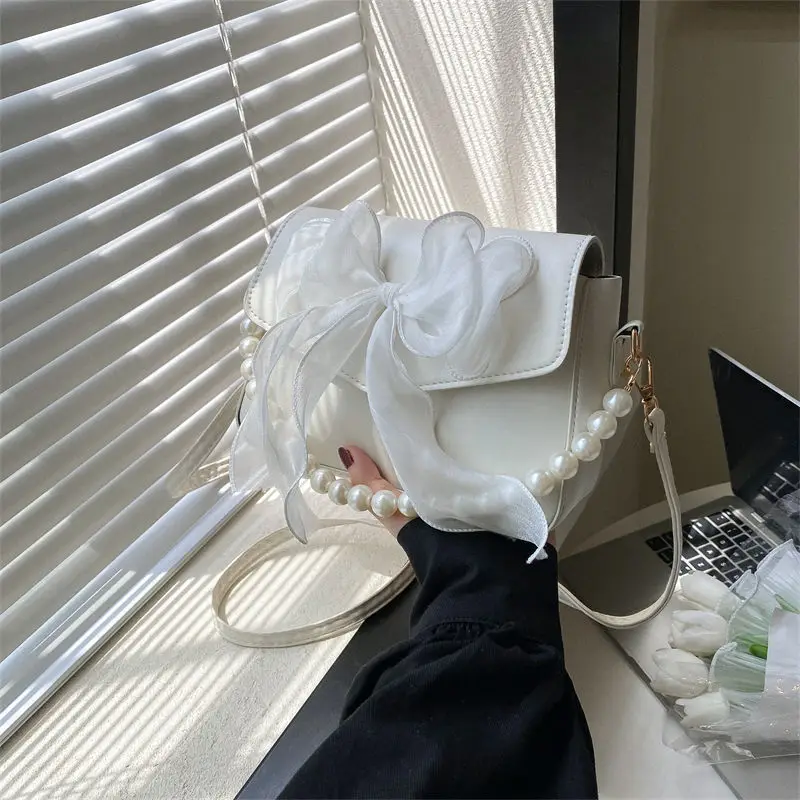 

Маленькая большая сумка из искусственной кожи с жемчужным кружевом и бантом для повседневного использования, сумка через плечо, сумка для телефона для девочек-подростков