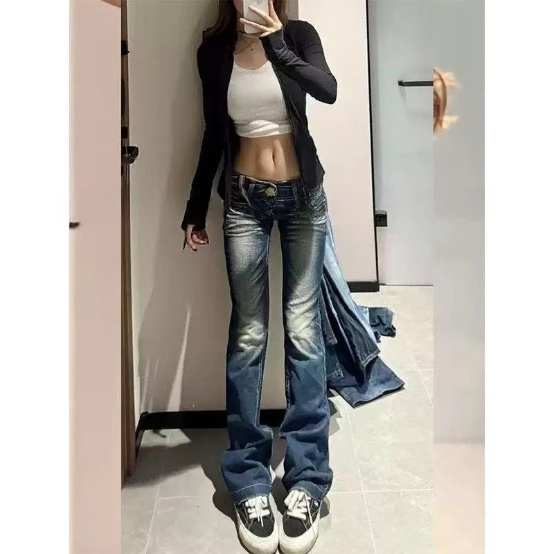 

Y2K Vintage Low Waist Flare Jeans Women Washed Blue Denim Pants Slim Fit Bell Bottom Trousers Streetwear Grunge Aesthetic