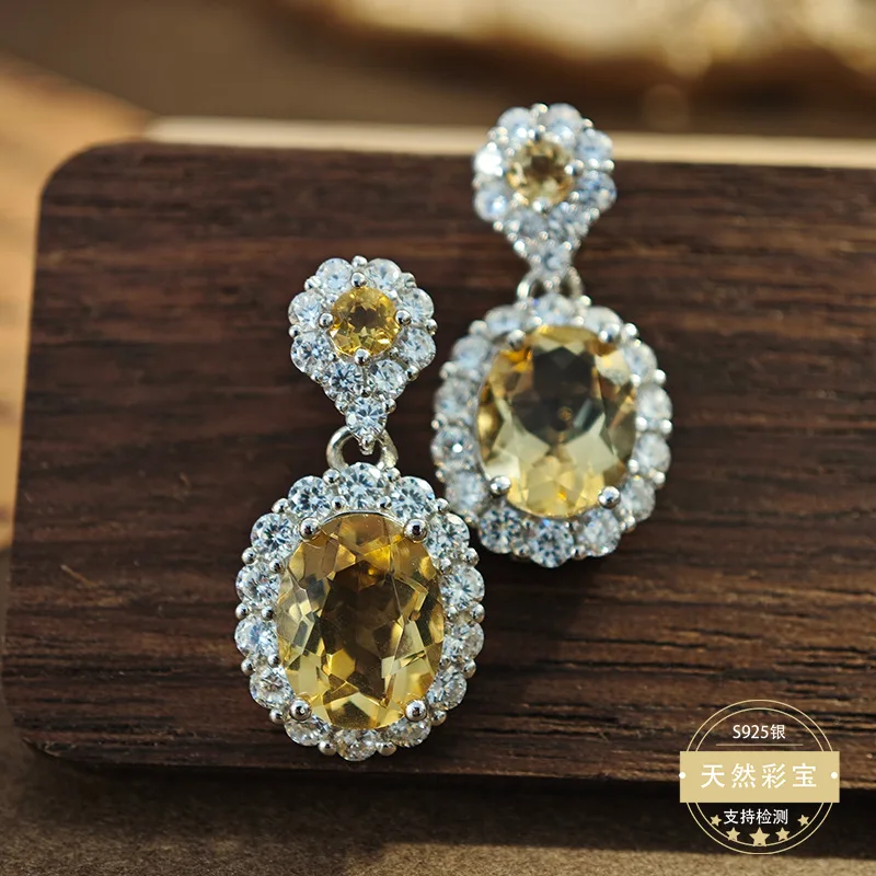 

Fine S925 Real Sterling Silver Natural Citrine Drop Earrings for Women Wedding Fashion Birthday Gift for Lady