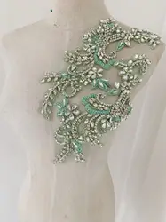 Popular Mint Green Crystal Floral Applique Trim French Bead Handmade Rhinestone Patch for Purple Bridal Dress,Ball Gown Decor
