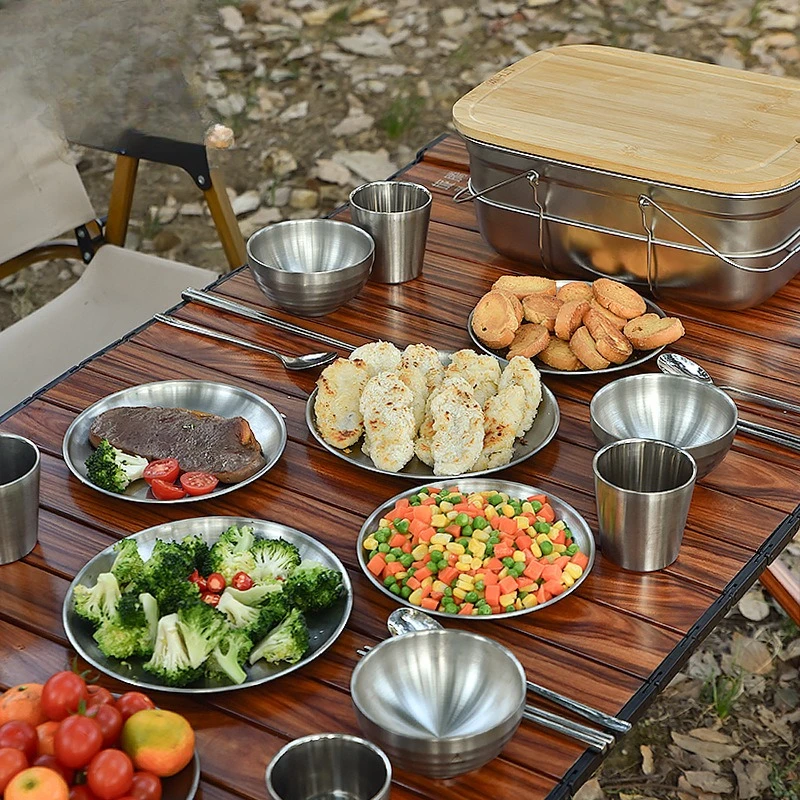 4-Person tableware set 304 stainless steel portable tableware and chopsticks camping picnic camping supplies and equipment