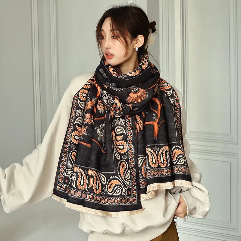 Plant Birds Jacquard Acrylic Cashmere Scarf Elegant Women Shawl Fall Winter Warm Neckerchief Summer Air Conditioner Cape Wraps