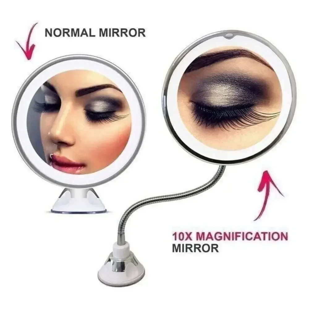 360° Flexible Illuminated 10x Magnifier Illuminated LED Wall Mount Magnifying Cosmetic Mirror Flexible Gooseneck Makeup Mirror