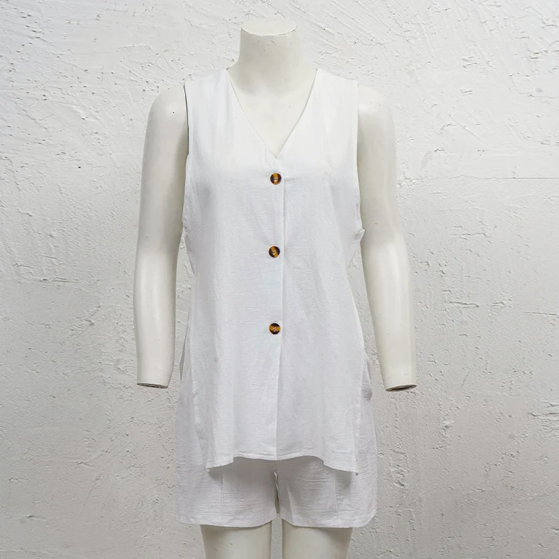 2026 New 100% Cotton Women Suits 2 Pieces Sets V Neck Sleeveless Buttons Vest Blazer+High Waist Shorts Lady Office Tracksuit