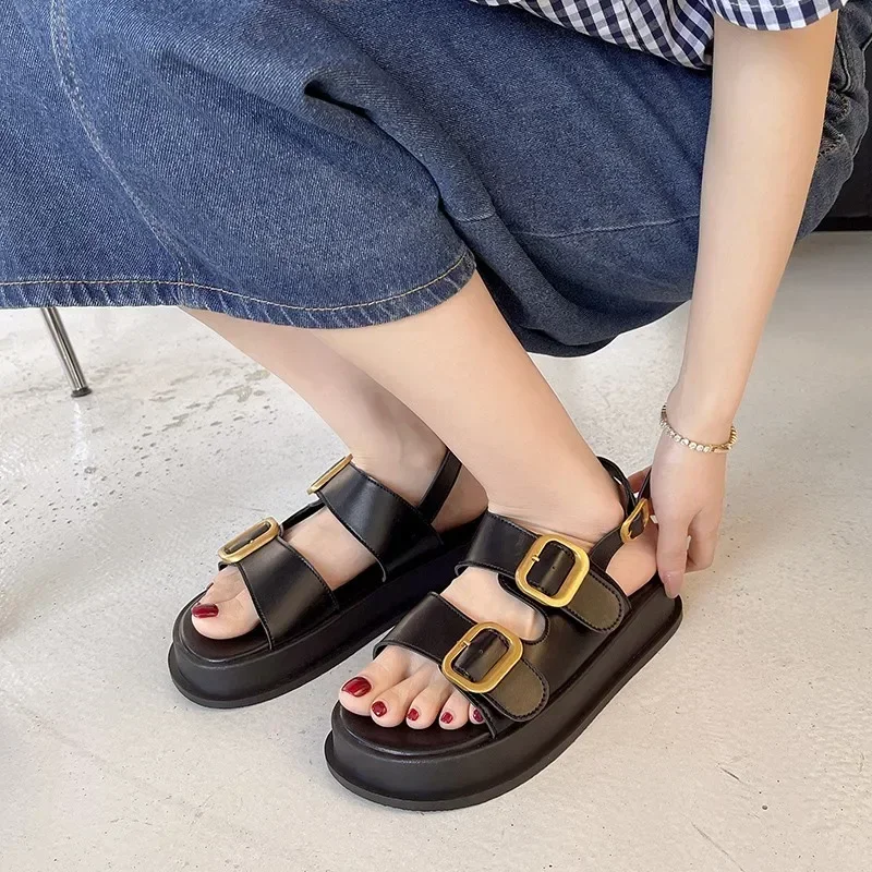 

Summer New Women One-word Buckle Platform Roman Shoes on Sale Versatile Casual Open Toe Seaside Beach Sandals Ladies Outdoor