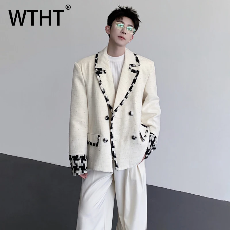 

WTHT Fashion 2025 Autumn Men's Striped Contrast Color Design Blazer Coat Trendy Long Sleeves Turn Down Collar Jacket Male 2A1495