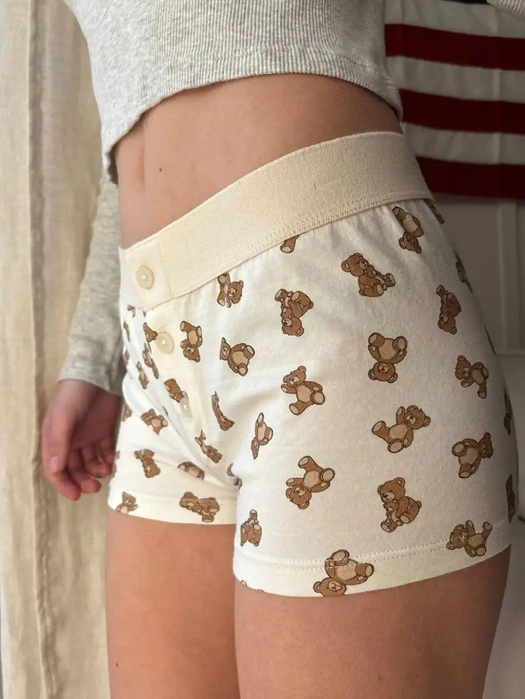 Kleine Bären straigth Shorts Frauen Sommer elastische Taille Patchwork lässig kurze Hose süßes Mädchen süße Baumwoll hose nach Hause Unterwäsche