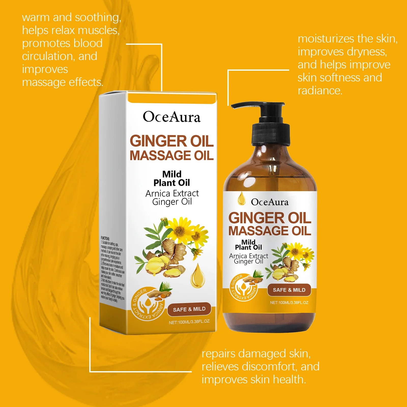 OCEAURA Ginger Massage Essential Oil Firm Relax Muscles Relieve Fatigue Hydration Enhance Resilience Skin Nourish Essential Oil