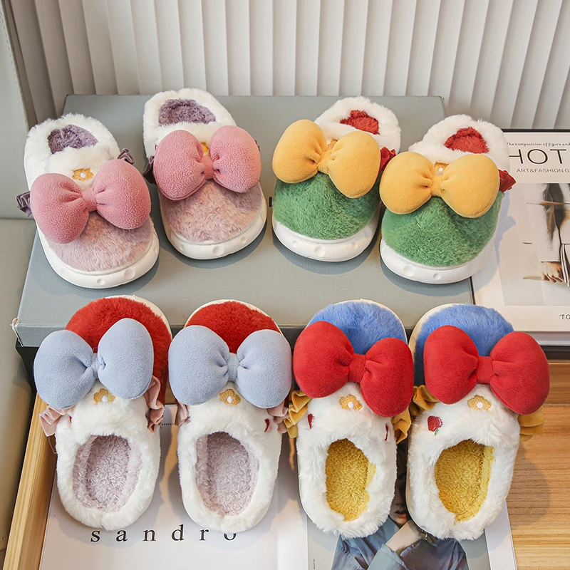 Kids Slippers for Princess Girls Indoor Shoes Cute Cartoon Bowtie Fur Slides Cotton Flip Flop Warm Winter House Children Slipper