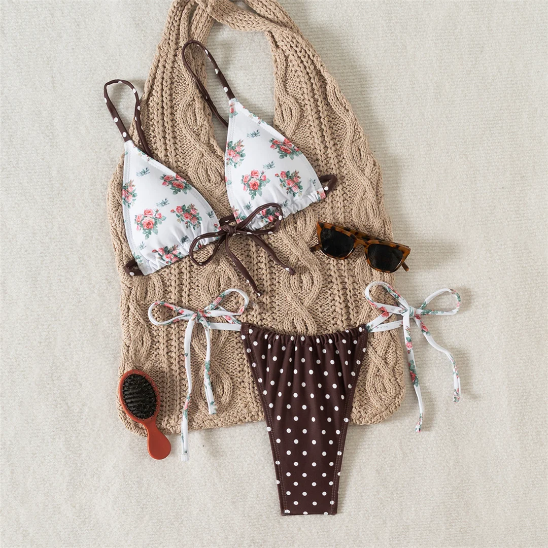Neuer, mit Blumen- und Punktmuster versehener, hoch geschnittener Bikini für Damen, zweiteiliger Badeanzug, Badebekleidung, Badeanzug, Modell V6964. – Detail 3