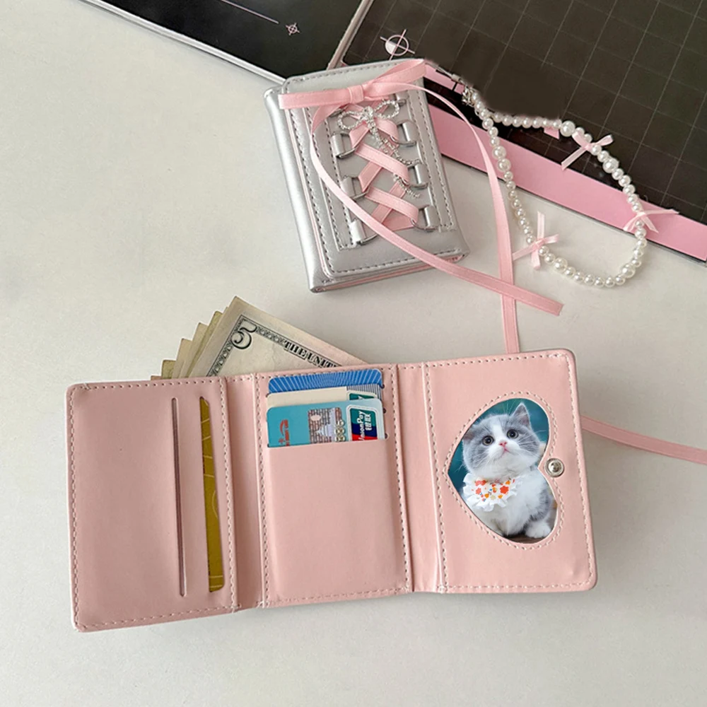 Ballet Ribbon Lace-up Y2k Coin Purses PU Leather Korean Style Short Wallet Gilr Solid Color Designer Fashion Card Bags For Women