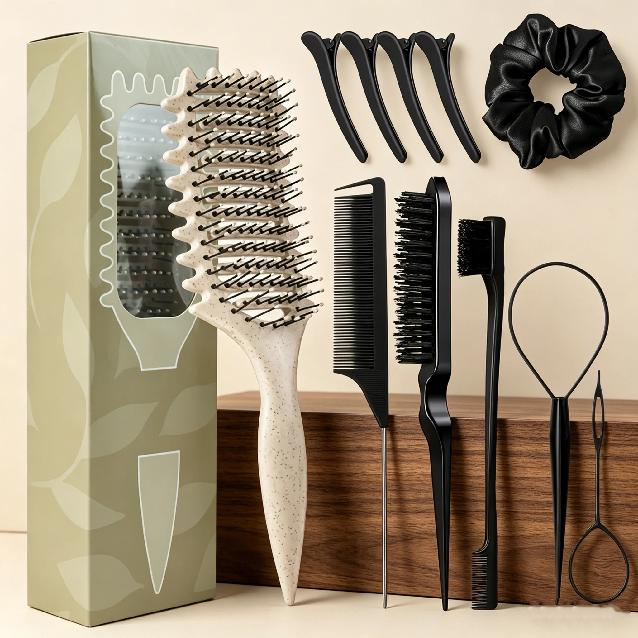 11 Piece Comb Set with Hair Brush, Comb, Edge Control Brush, 4 Duckbill Hair Clips, and Headband, Special for Real Hair Wigs