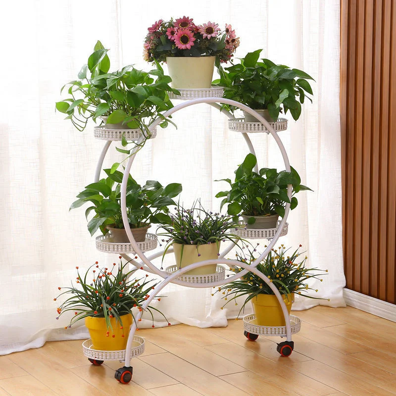 Support de fleurs en fer forgé avec roue, multicouche, mobile, intérieur, salon, balcon, T1, 6 supports