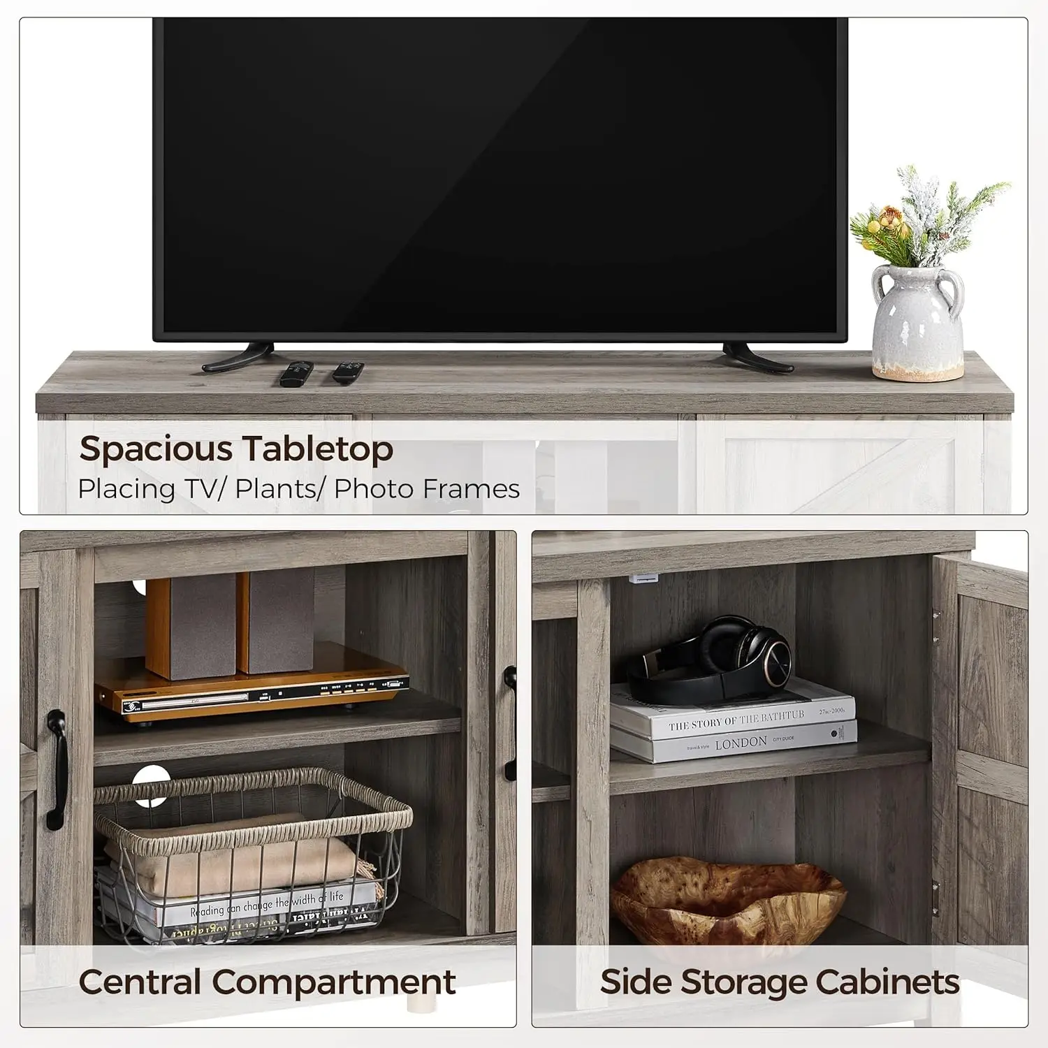 Farmhouse TV Stand para sala de estar, centro de entretenimento com portas duplas, cinza, 65 polegadas