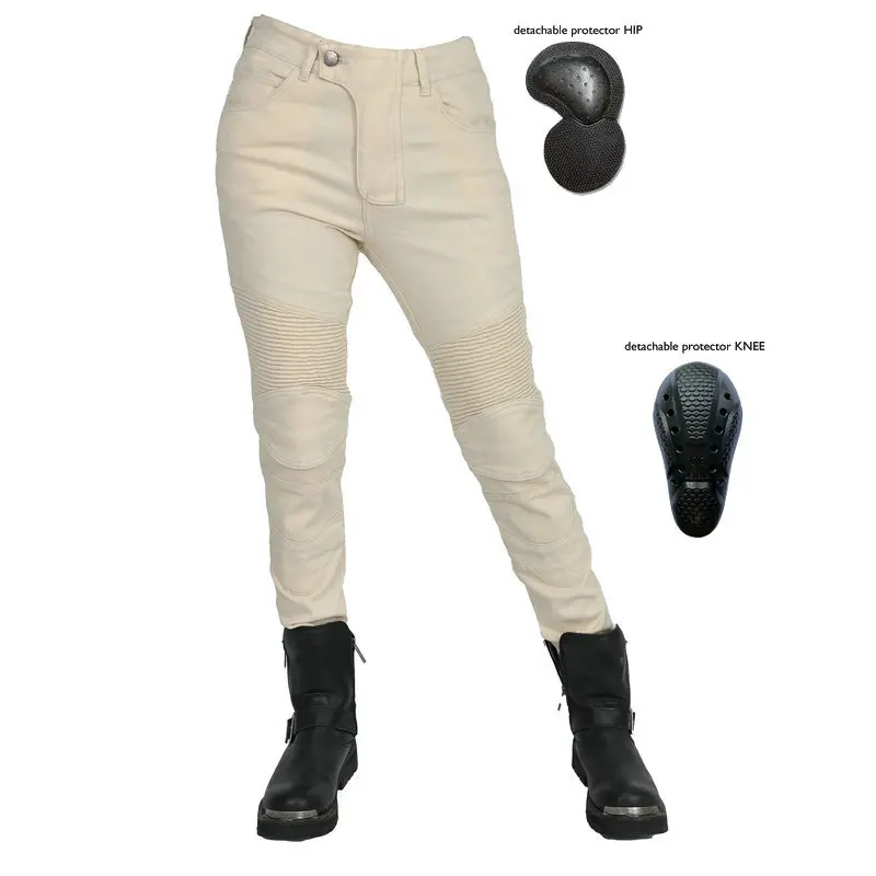 Motocross Pants Ms. Motorcycle Jeans Knight Retro Beige Casual Cycling Pants, Elastic Waterproof Anti-fall Locomotive Pants