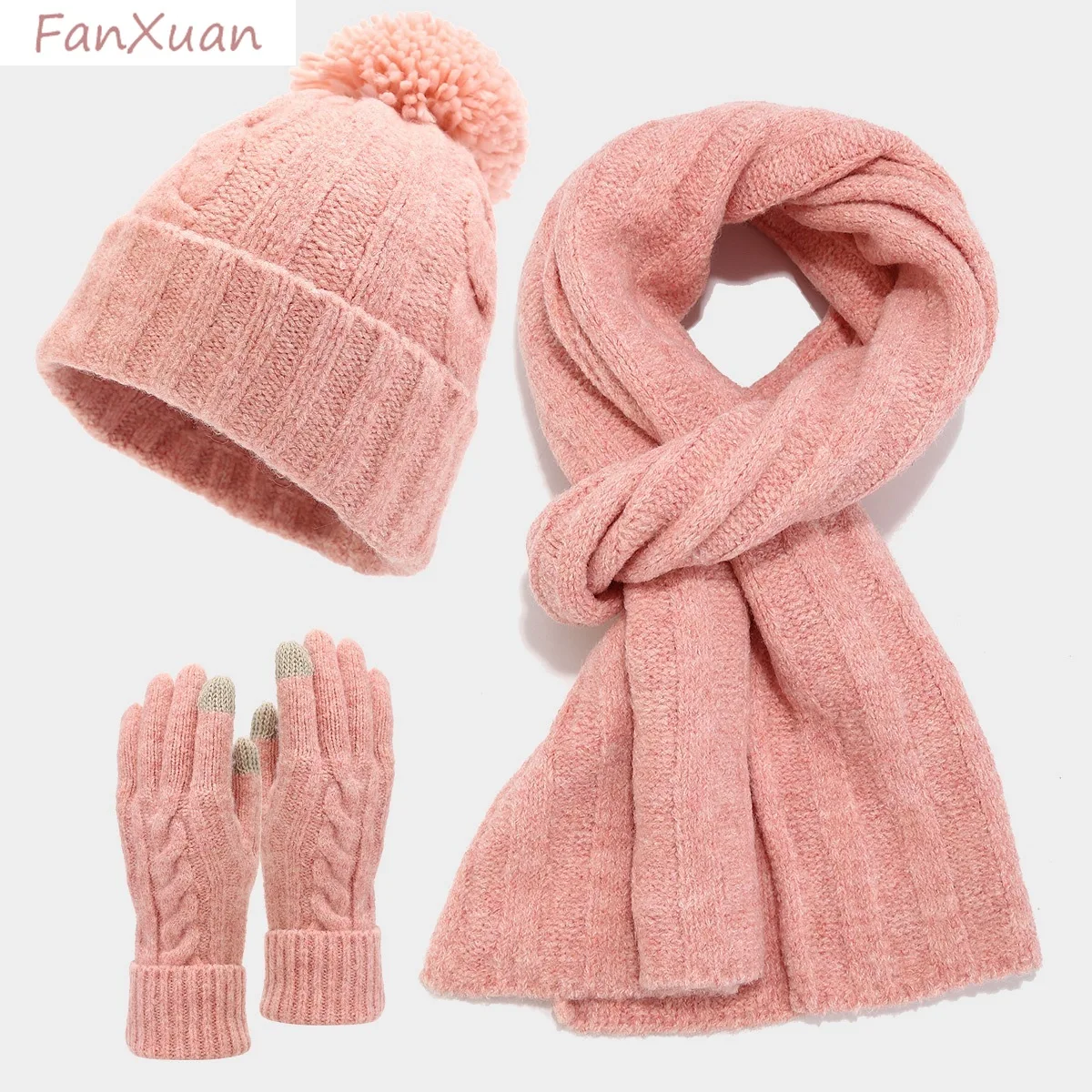 النساء الشتاء مجموعة 3 قطعة قبعة قفازات وشاح طويل تويست متماسكة قبعة الشتاء مجموعة بلون Pompom مجموعة دافئة بسيطة أسود رمادي أحمر وردي