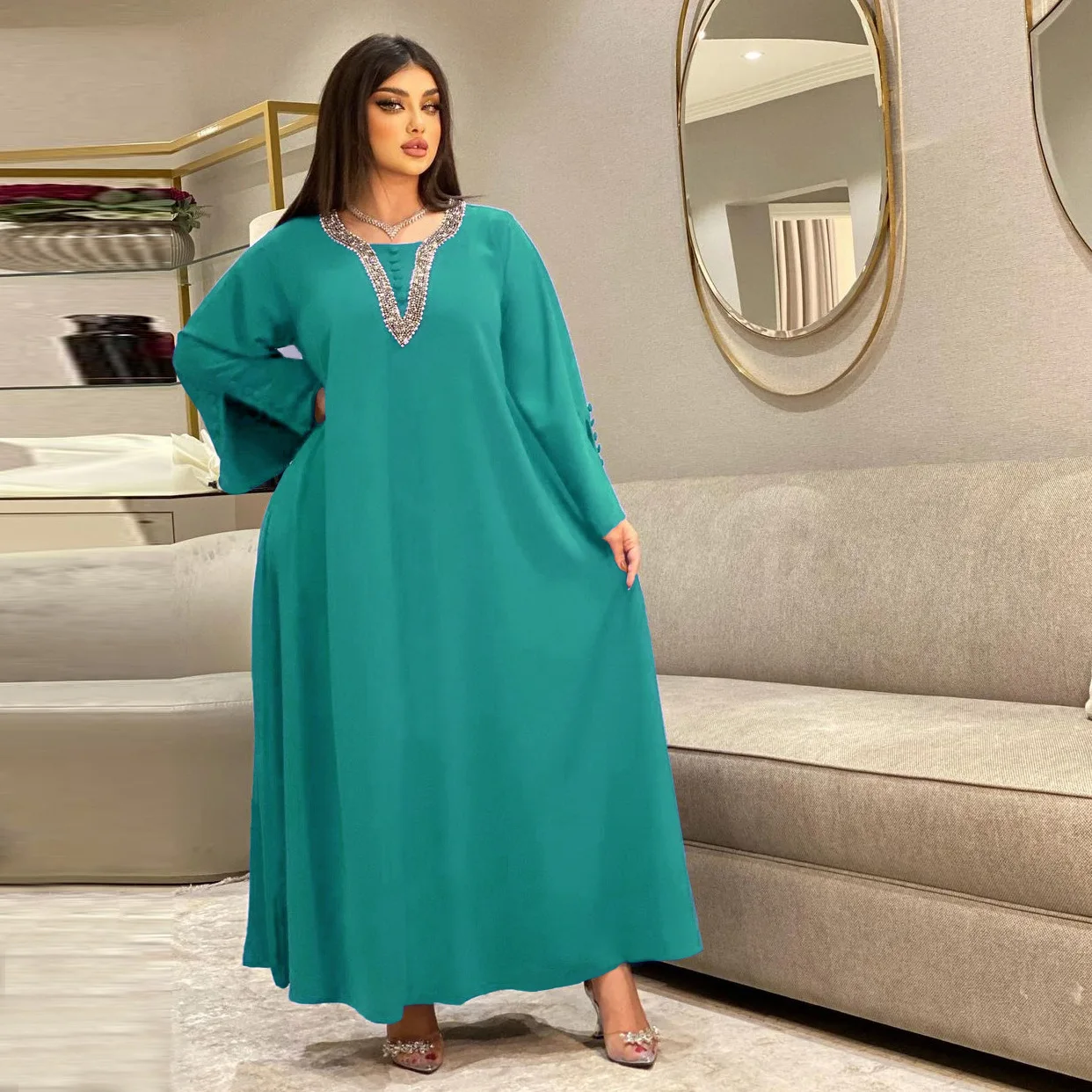 Dresses for Women Button Decoration Long Sleeve Party Prom Dress Ramadan Muslim Women Clothing