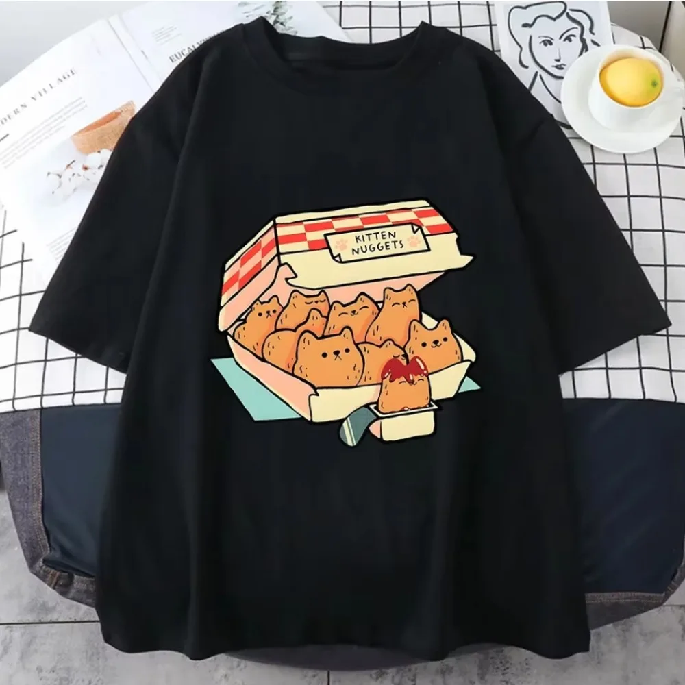 Kitten Nuggets Happy T-Shirt Womens Cute/Kawaii High Street T-Shirts T-Shirts Cat Biscuits Dip Short Sleeve Kawaii Harajuku Y2K