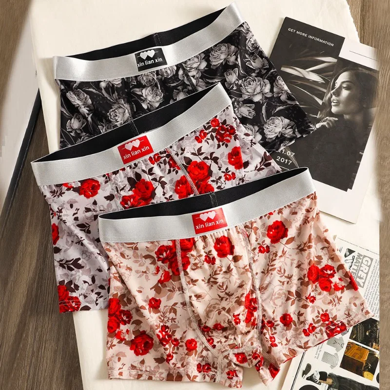 Nouveau Caleçon Boxer Homme en Soie Glacée avec Imprimé Rose Américain, Doux, Confortable, Élégant, Grande Taille, Taille Mi-Haute
