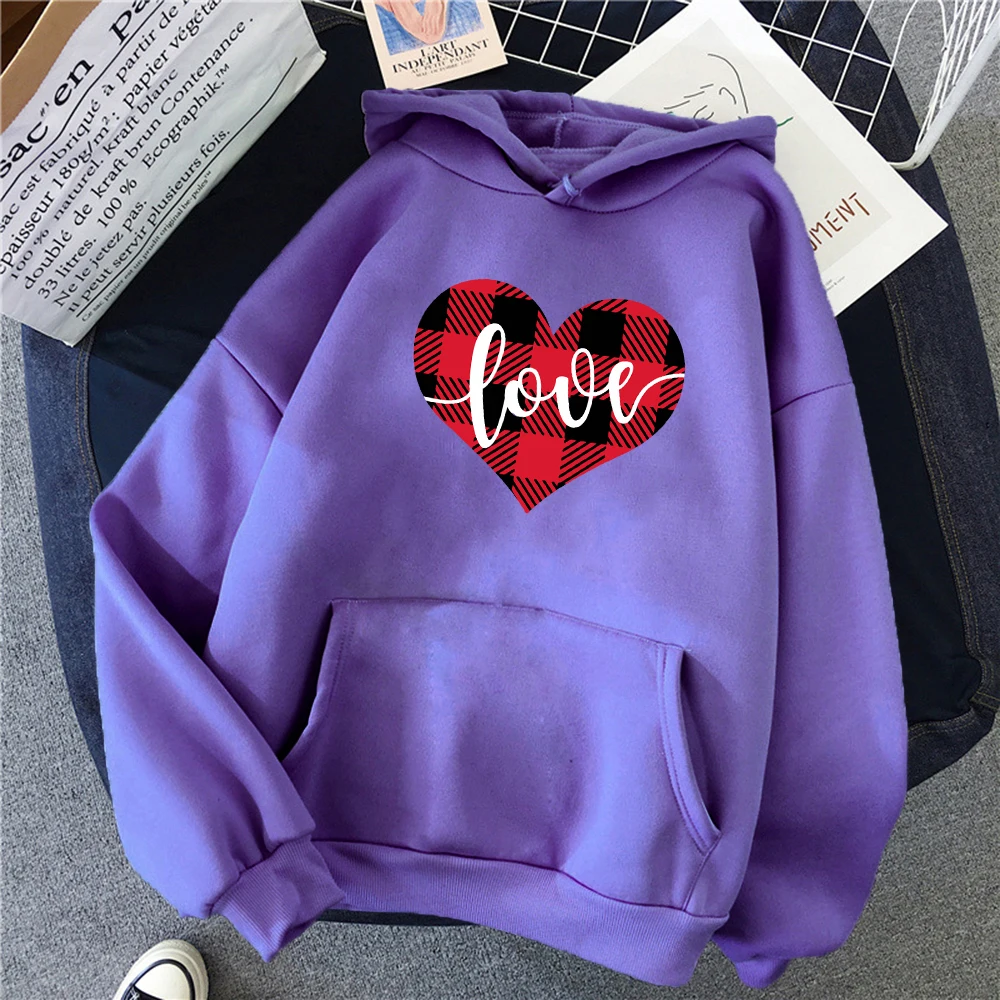 Red Chess Grid Heart Love  Printing Hoody Women Fashion Oversized Hoodie All-Match Y2K Female Pullover Autumn Fleece Clothes