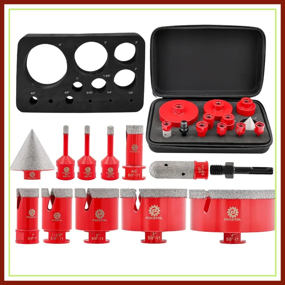 

12pcs Diamond Core Drill Bit Set for Porcelain Ceramic Tile Marble Granite, 6-100mm + Finger Milling Bit + Beveling Chamfer Bit + SDS