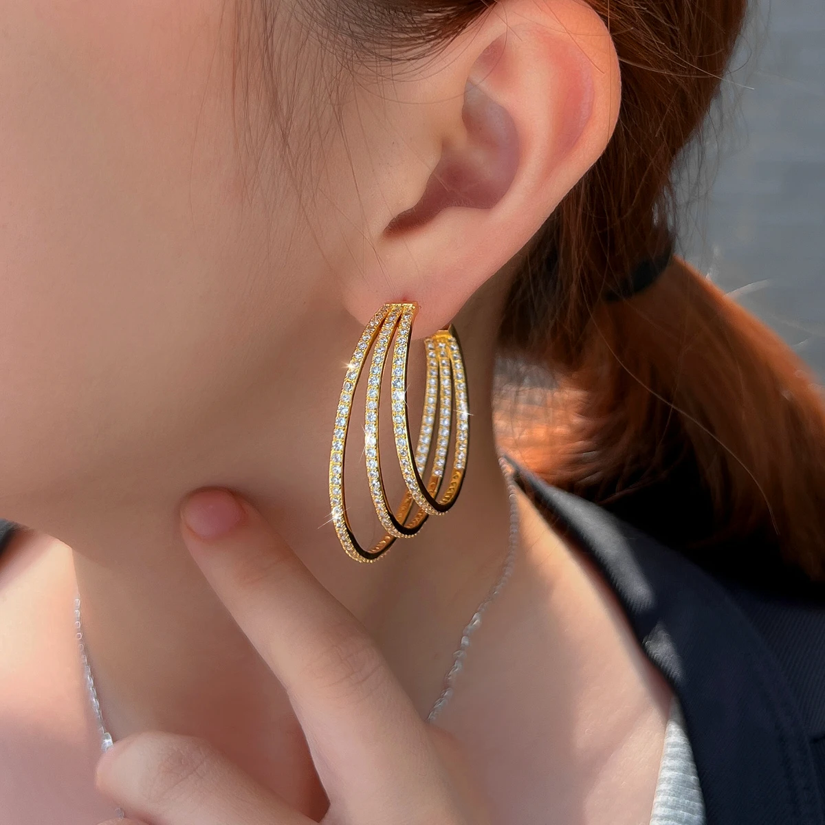 CWWZircons 3 Circle Bling Cubic Zirconia Pave Luxury Yellow Gold Color Big Round Geometric Triple Hoop Earrings for Women CZ581