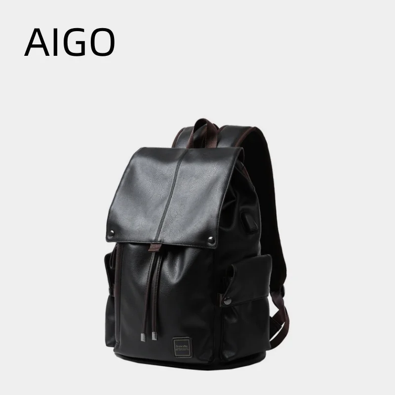 

AIGO Men Backpack PU Leather Vintage For Teenager Laptop PC Portable Bags Designer Boys Travel Backpack School Luxury Mochila