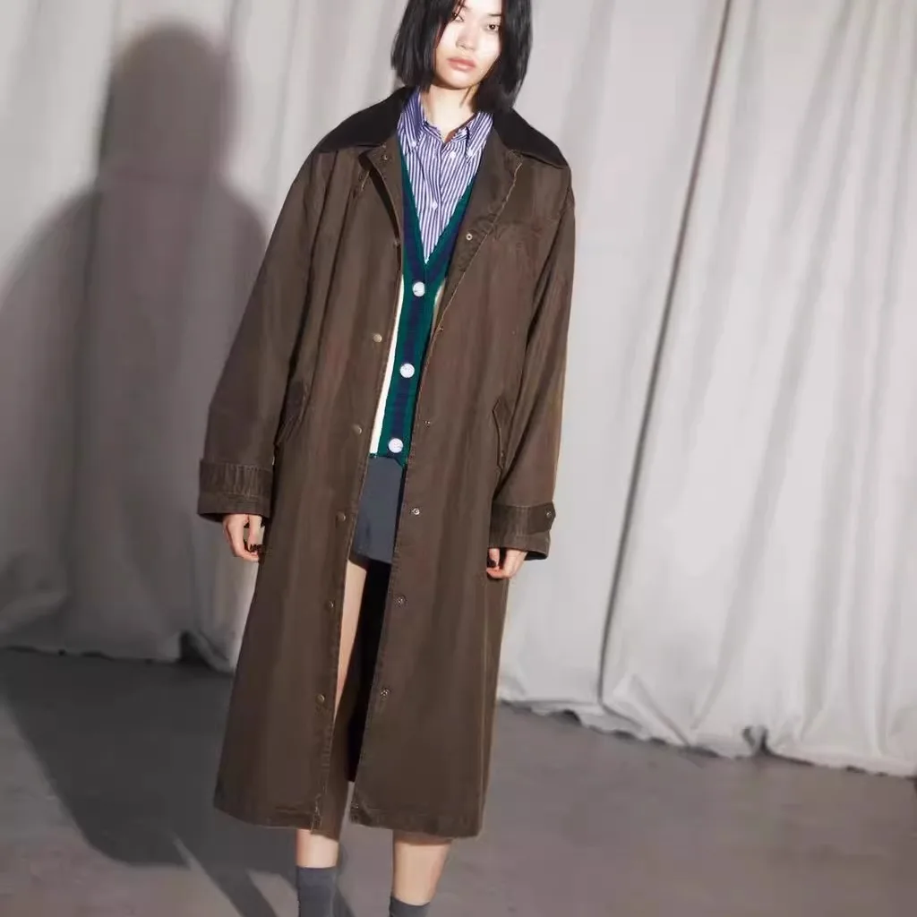 

Autumn Winter Women's Long Sve Windbreaker Jaet Corduroy Patchwork Collar Waxed Leather Effect Mid-Length Collar Coat