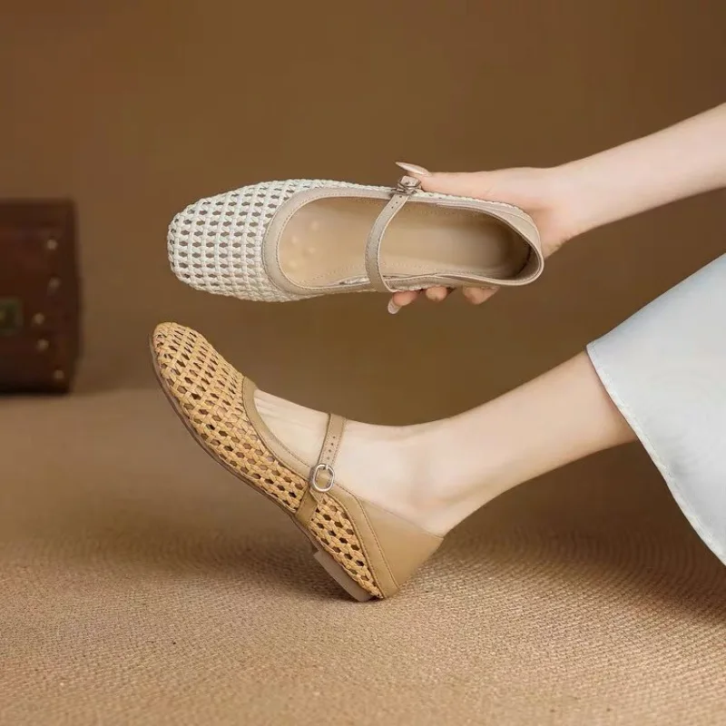 

Туфли на плоской подошве с тканым вырезом, новые летние женские сандалии Мэри Джейн с квадратным носком и неглубоким носком, на одном ремешке, на мягкой подошве