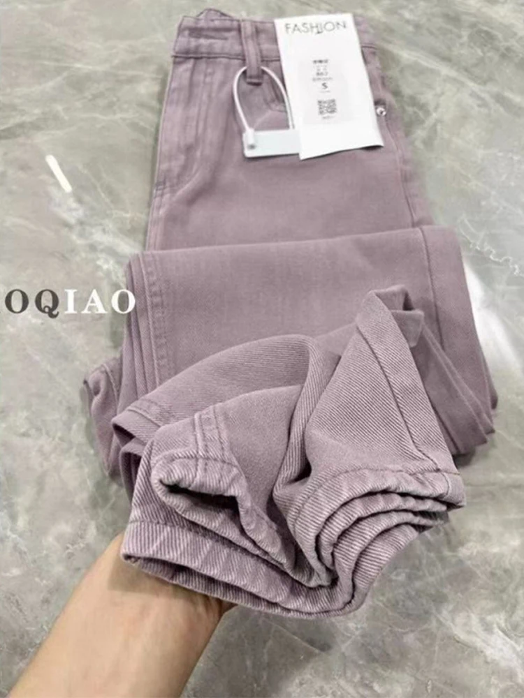 Jeans dritti viola foderati in velluto peluche Abbigliamento da neve invernale Pantaloni casual a vita alta Pantalones Vaqueros Pantaloni in denim da donna vintage coreani