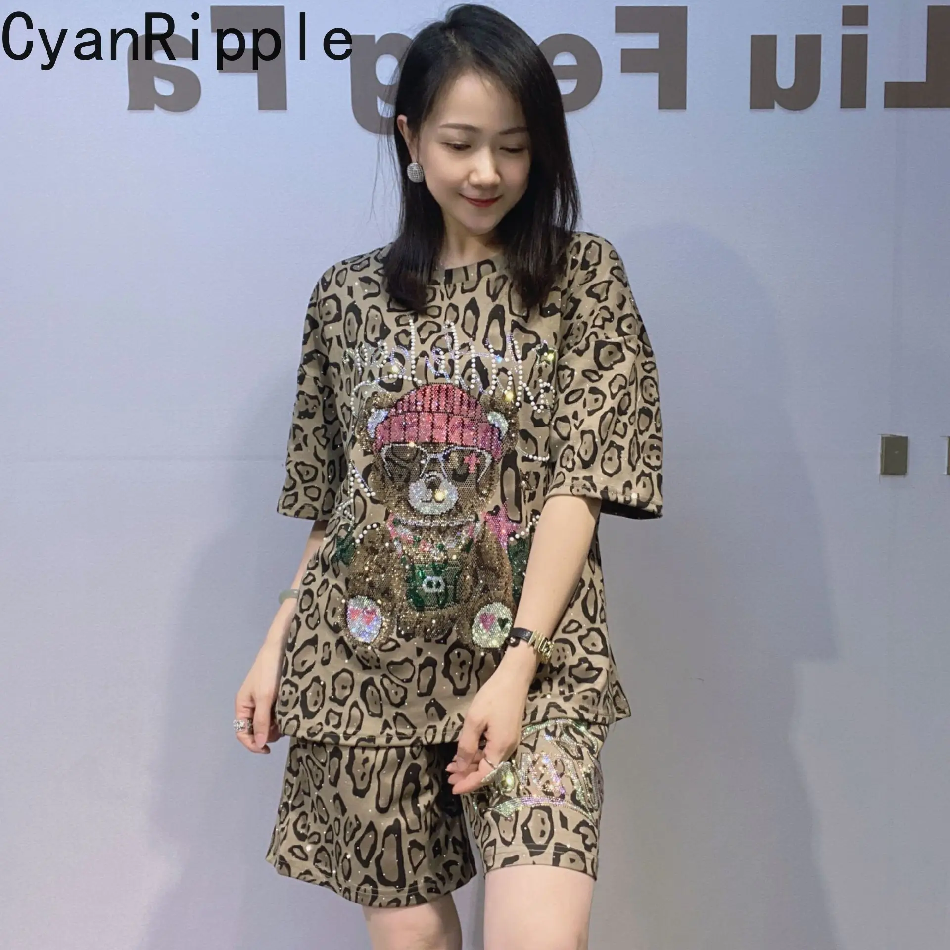 

Trendy New Summer Women Two-piece Set Leopard Print Cartoon Hot Diamond Short Sleeve T-shirt Top + Elastic Waist Straight Shorts