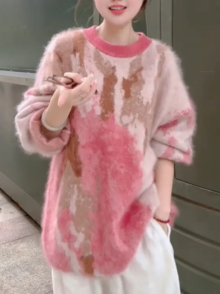 

Корейский свитер с круглым вырезом для женщин больших размеров: универсальный, стройнящий, омолаживающий топ, комфортный, уютный, с длинными рукавами