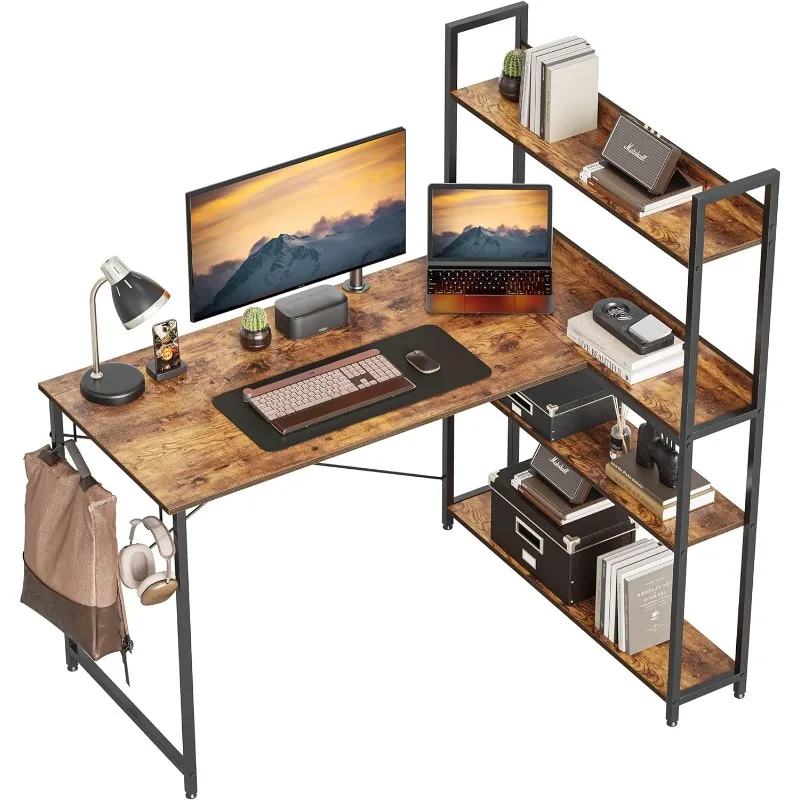 Computer Corner Desk with Storage Shelves, 47 Inch Reversible L Shaped Desk with Bookshelf, Home Office Writing Desk with Hooks