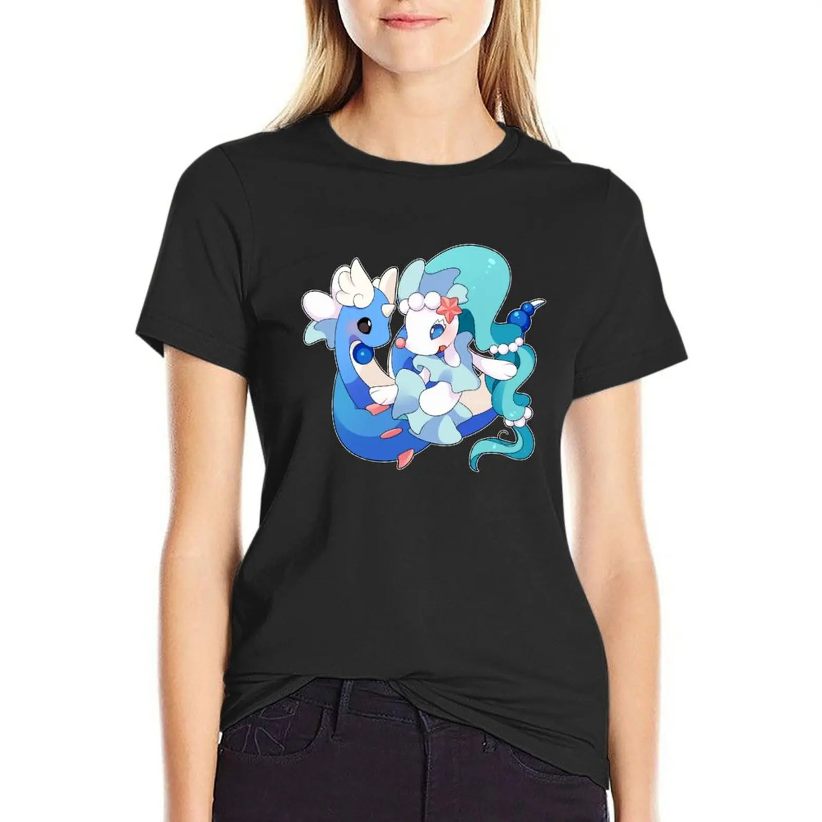 Chibi Primarina and Dragonair T-Shirt Short sleeve tee cute clothes Blouse aesthetic clothes white t-shirt dress for Women sexy