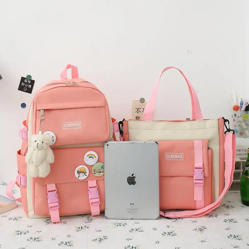 5 Piece Set School Bags For Teenage Girls Canvas Solid Color Women Backpack Female Teen Student Schoolbag