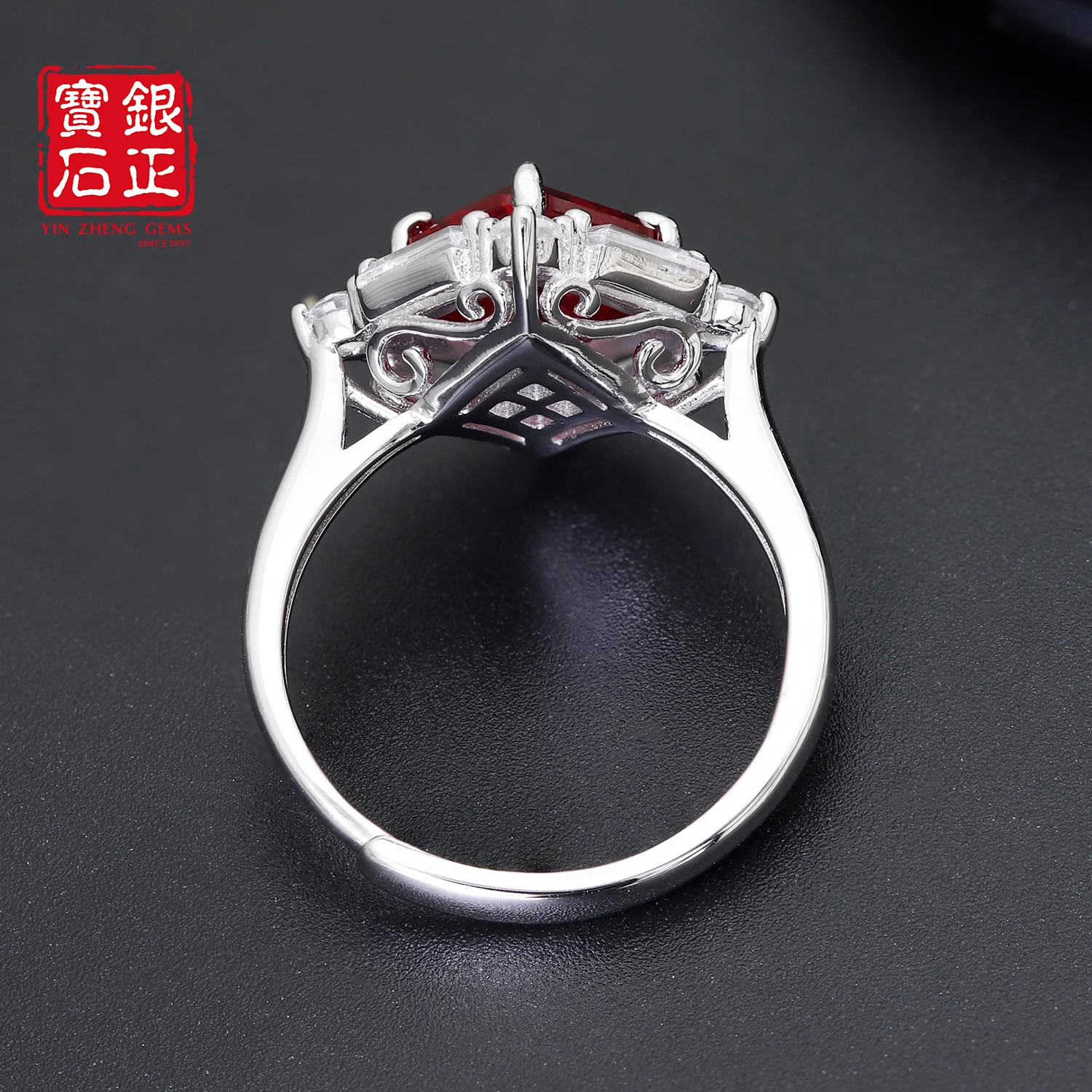 YinZheng Rhombus Shape S925 Sterling Silver Lab Grown Ruby Resizable Ring For Wedding Engagement Valentine Gift Fine Jewelry
