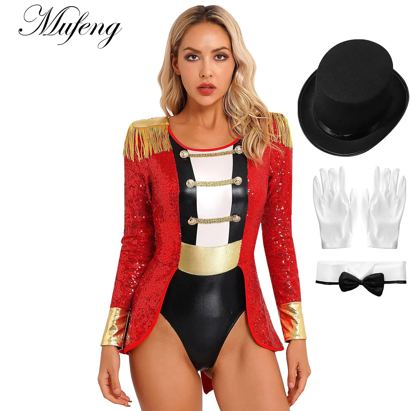 Women's Ringmaster Costume Circus Halloween Cosplay Sequin Leader Outfit Master Lion Tamer Fancy Dress Bodysuit