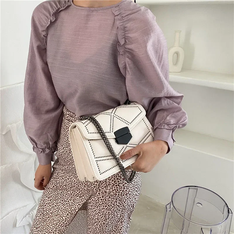 New Fashion Rivet Chains Shoulder Bags for Women Solid Color PU Leather Crossbody Purse Female Handbag Totes Pouch