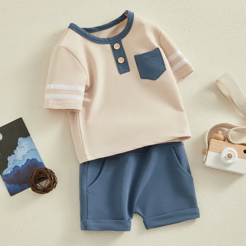 

Infant Baby Boy 2 Piece Set Contrast Trim Round Neck Short Sleeve Tops + Elastic Waist Shorts Toddler Outfits