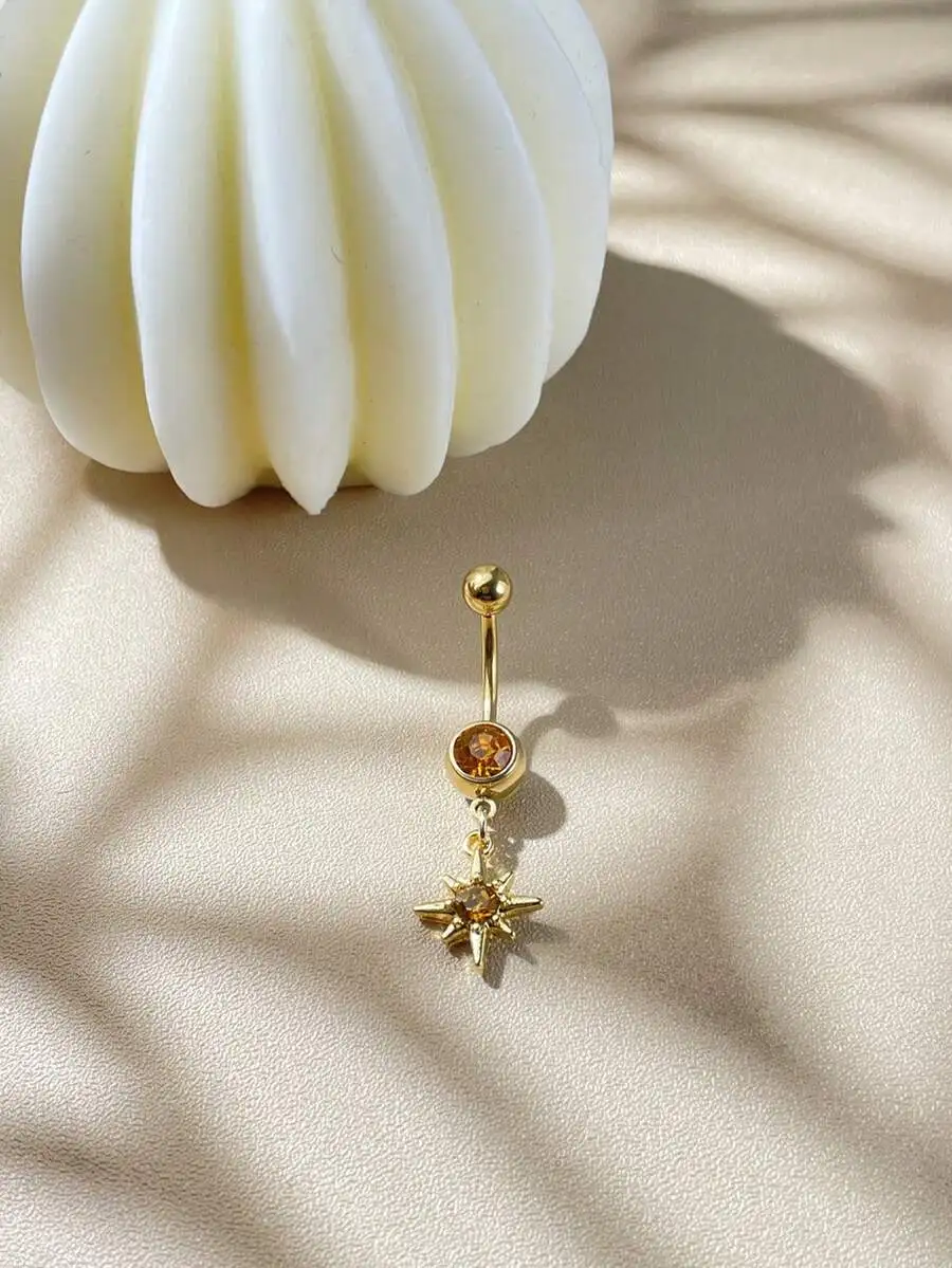

Gold-Tone Stainless Steel Belly Button Ring With Orange Rhinestone 8-Point Star Charm For Dance Club Beach Valentine Carnival