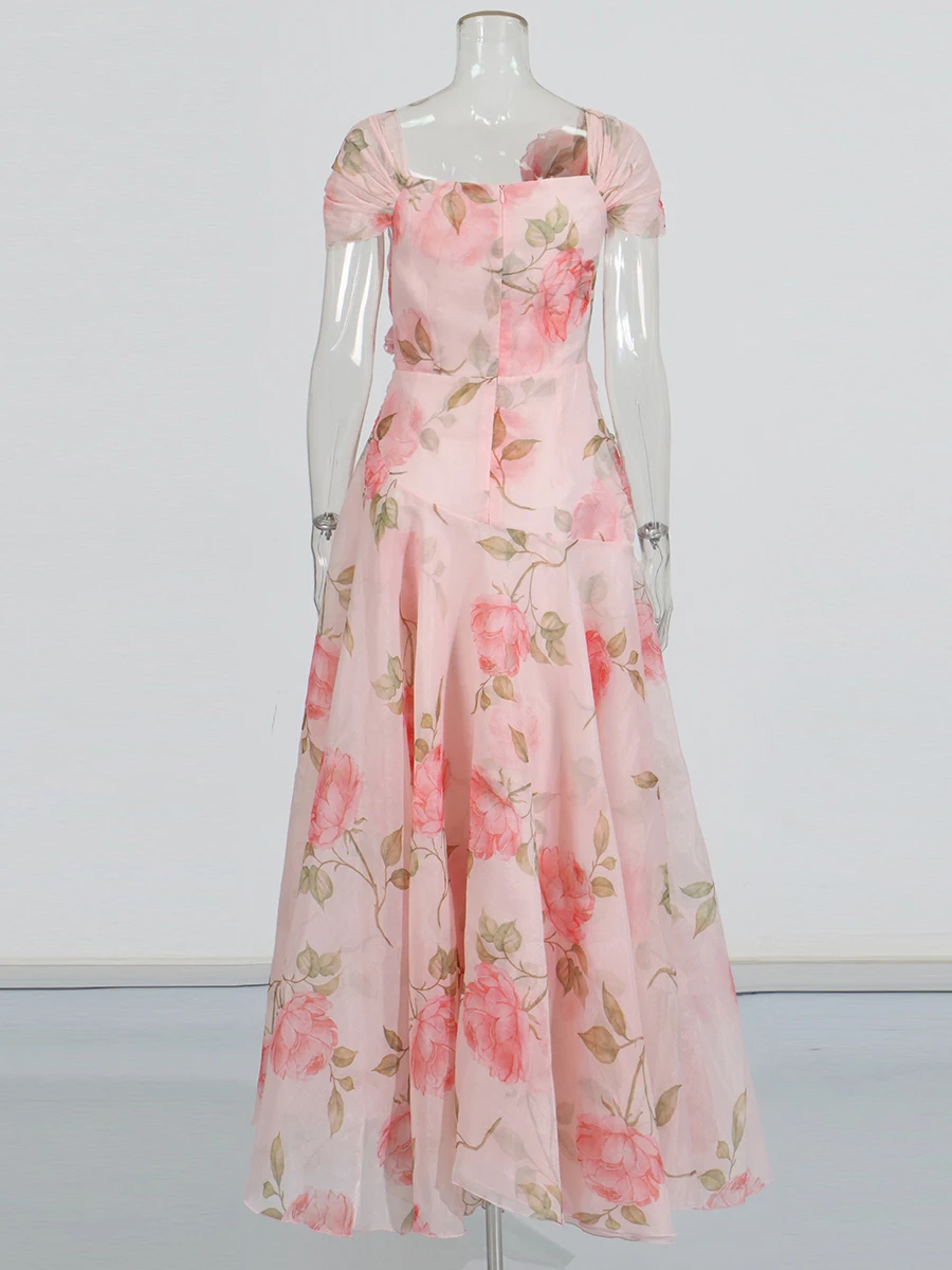 ROMISS Abiti da sera con stampa floreale dolce per donna Slash Neck Manica corta Vita alta Applicazioni impiombate Abito lungo Donna