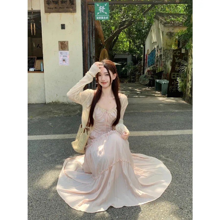 

【New Arrival】Women's Blush Pink Tiered Maxi Dress, Sleeveless Spaghetti Strap Ruffled Hem A-Line Flowy Casual Summer Dress