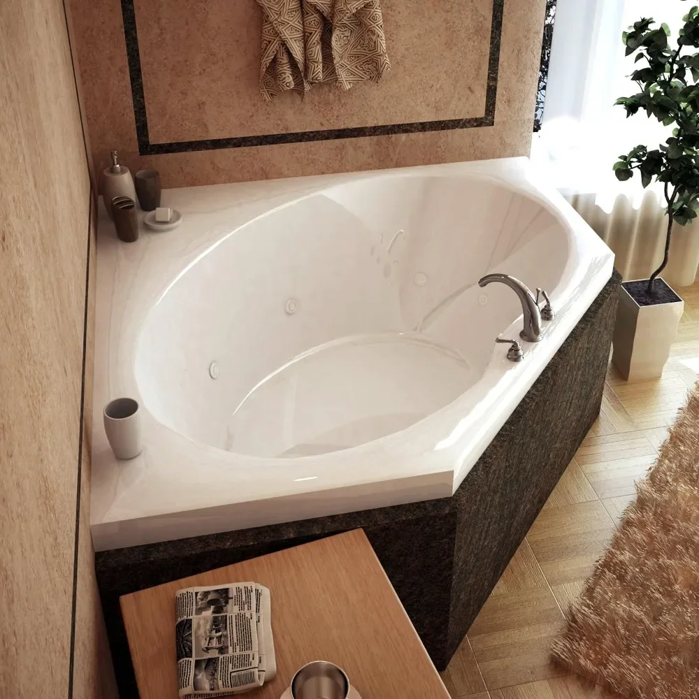 Air and Whirlpool Bathtub, 60x60, Center Drainage, White 8 Directional and Adjustable Water Jets, Powered By A. 75HP Pump