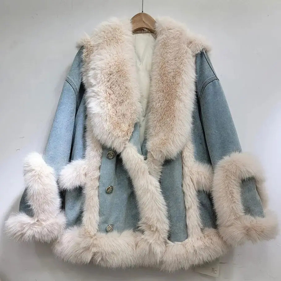 

2023 Winter New Faux Fox Fur Coat for Women Fashion Warm Denim Parkas Female Cotton Coat Outerwear Y4482