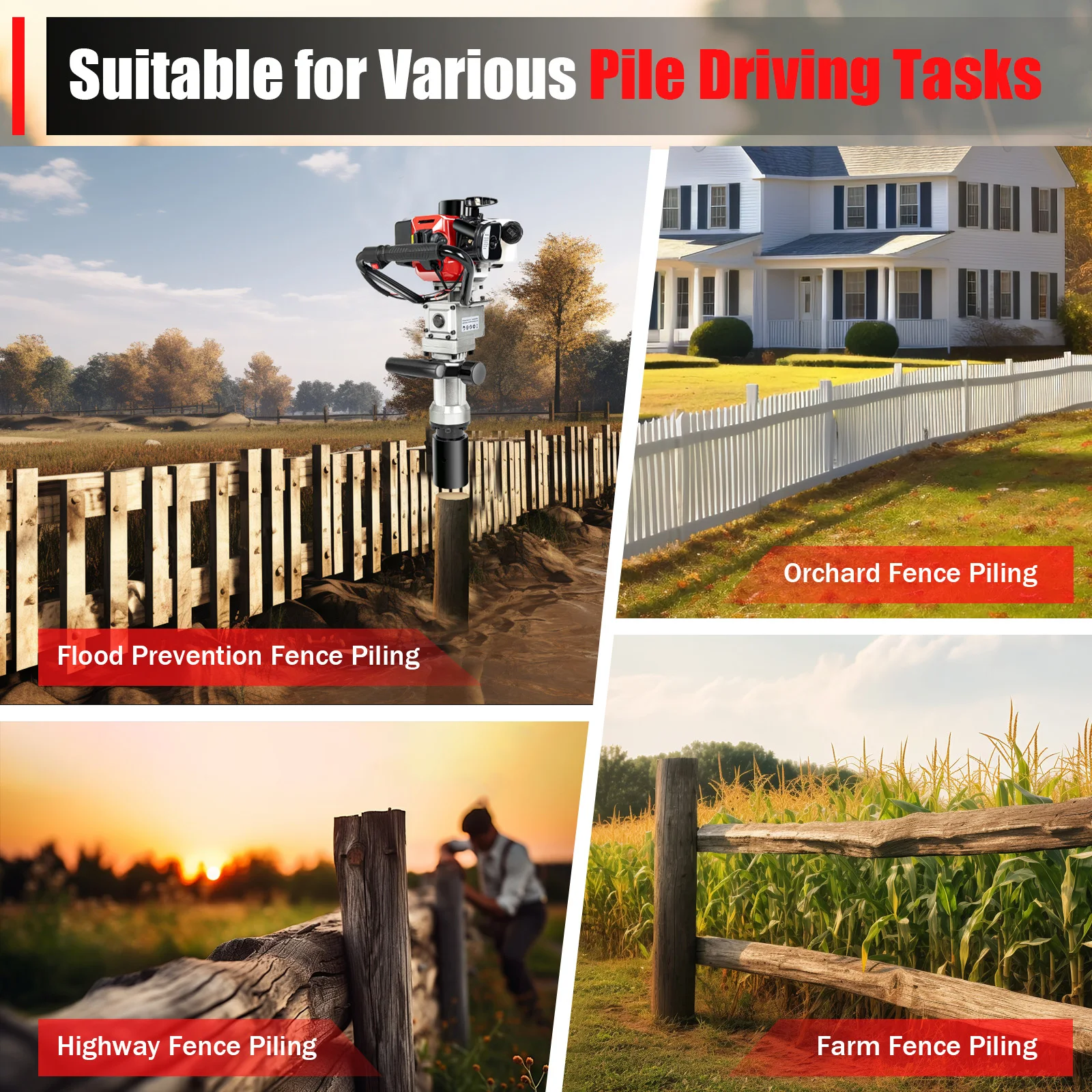 Powered T Fence Post Driver, Portable Farm Piling Driver Single Cylinder Gasoline Push Tool Machine for Fence Posts Stakes Pipe