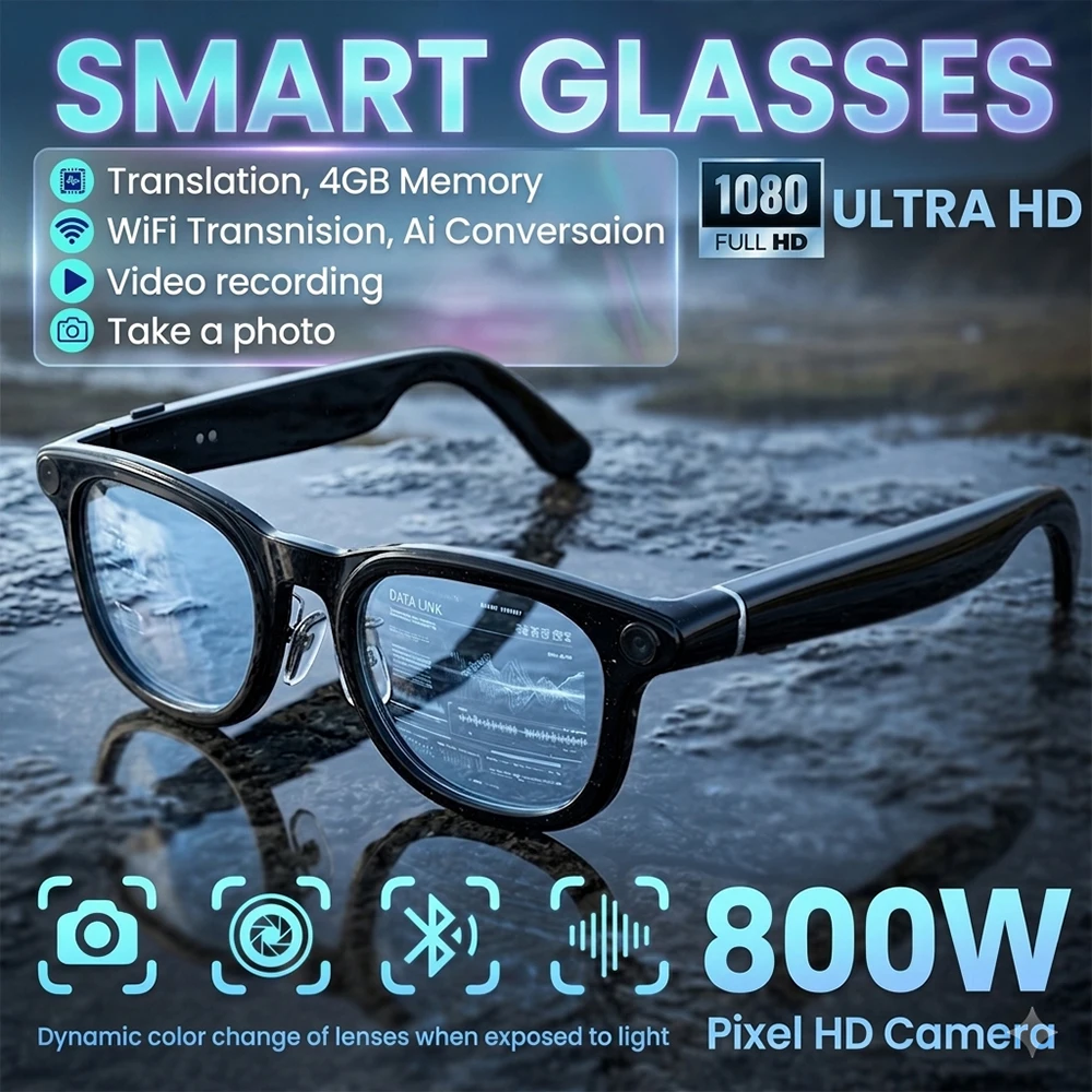 

Новые умные очки 2026 года с HD-камерой 800 Вт, функцией перевода, записью и транскрипции, двойной стабилизацией изображения, умным Q&A и LED-дисплеем заряда батареи